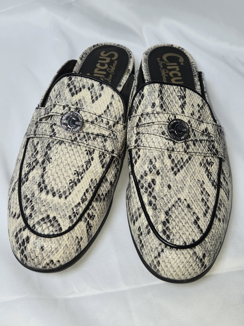 Circus by Sam Edelman Snake-Print Slip-On Mules in Beige and Black - Picture 2 of 7